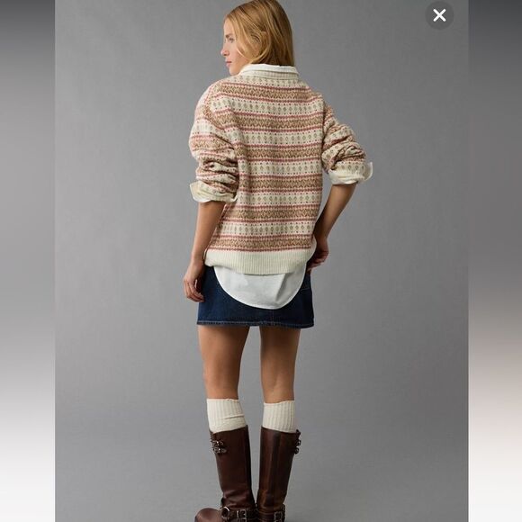 AE Whoa So Soft Fair Isle Crewneck Relaxed Knit Cream Tan Red Preppy Sweater - Picture 8 of 16